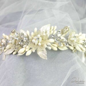 Tocado de Novia Azahares Perlas Tul Bordado – MÓNACO GDE IVORY