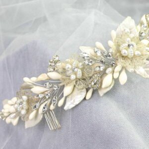 Tocado de Novia Azahares Perlas Tul Bordado – MÓNACO GDE IVORY