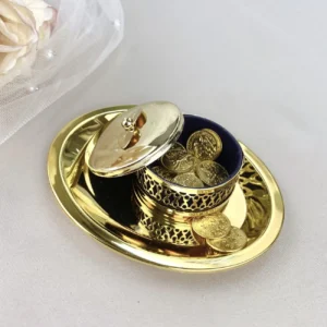 Charola y Cofre Porta Arras de Boda Grecas Circular – Oro