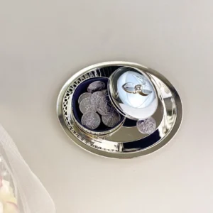 Charola y Cofre Porta Arras de Boda Grecas Circular – Plata