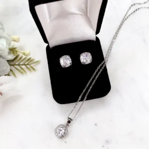 Juego de Dije y Aretes para Novia Cristal Cuadro Chico