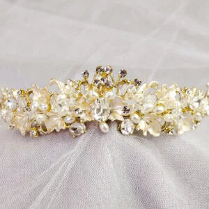 Tiara de Novia Hojas Satinadas Perlas Zirconias – MADRID