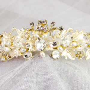 Tiara de Novia Hojas Satinadas Perlas Zirconias – MADRID