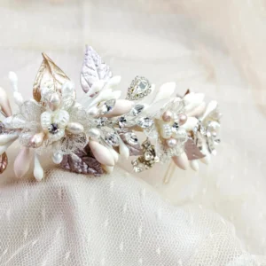 Tocado de Novia Azahares Perlas Tul Bordado – MÓNACO GDE