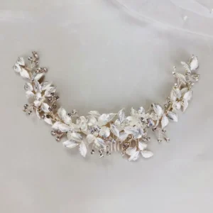 Tocado de Novia Flores Hojas Metalizadas Zirconias – CHIPRE