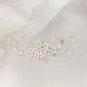 Tocado de Novia Flores Metalizadas Zirconias Perlitas – LIRIO #2